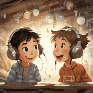 Learning phonics. Two boys sitting down together listening to audios, in the style of speedpainting, lively tavern scenes, light brown and gray, cute and dreamy, rinpa school, vibrant comics, thx sound, they seem to be enjoying what they are listening.