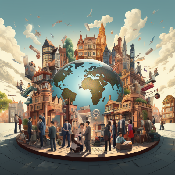 Image depicting people surounding the planet, people who use English are distributed to showcase our interconnected world. English as lingua franca.