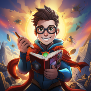 the young man in glasses is holding his book, in the style of interstellar comic book art, vibrant fantasy landscapes, sunrays shine upon it, children's book illustrations, dc comics, Pronunciation Learning for Kids at Home