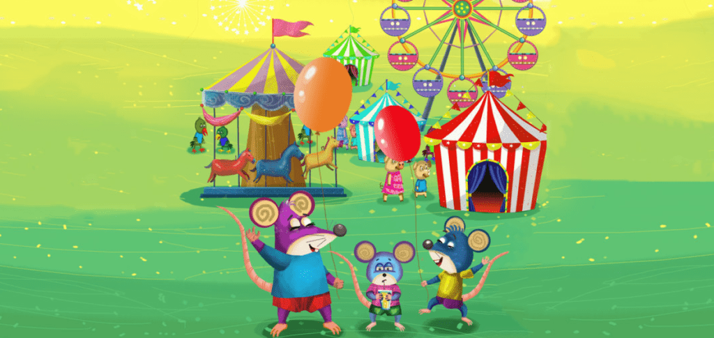 Cover of the book 'A Day at the Carnival' showing three mouse brothers happily standing together with carnival rides in the background.