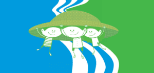 Three children under a conical hat, making reference to how useful this kind of hat is.