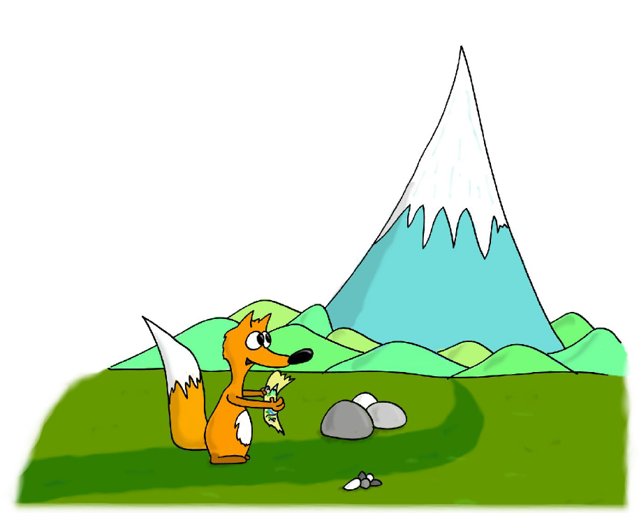Cover of the book 'Hero of the Mountain' showing a little fox named Bubu standing proudly with a mountain in the background and the title text above him.