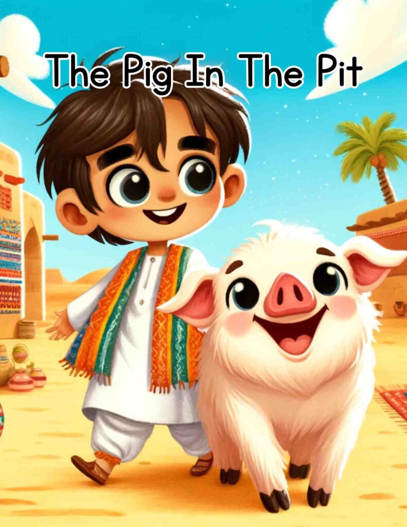 "Cover of 'The Pig in The Pit' showing a pink pig in a pit, with Kip and Peg standing nearby, smiling and ready to help.