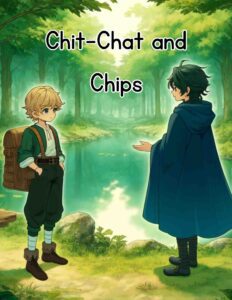Illustrated story titled "Chit-Chat and Chips" featuring Chuck and Chaz chatting at a pond. Chuck accidentally spills chips and fish into the pond, but they resolve the mishap with ham and fig jam, highlighting themes of friendship and problem-solving. Includes discussion questions for reader engagement.