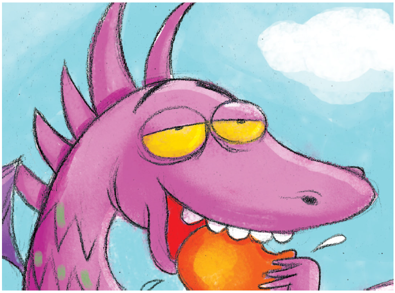 Cover of the book 'Danny the Dragon' showing a happy dragon eating a mango, with bright colors and playful illustrations.