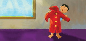 "Cover of 'The Red Raincoat' showing a boy holding a bright red raincoat, with a clear sky in the background."