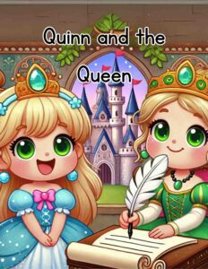 Illustration of Quinn and the queen holding quills, with the queen looking upset and Quinn offering help.