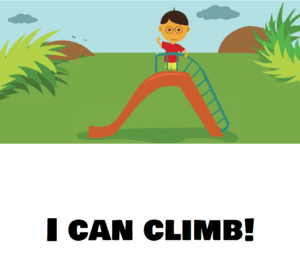 Cover of "I Can Climb!" featuring an illustration of a young boy standing confidently at the top of a set of steps, looking proud of his achievement.