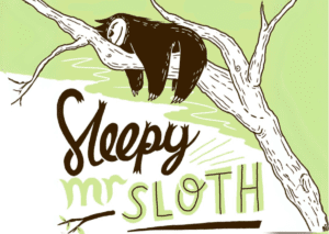 Cover of "Sleepy Mr. Sloth" featuring an illustration of a sleepy sloth hanging from a tree branch, looking for a place to nap, with colorful animals around him.