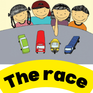 Four children sitting in front of toy cars, buses, and trucks, ready for a race.