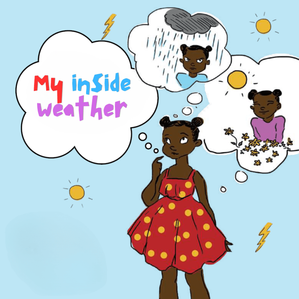 A colorful children’s book cover featuring soft pastel illustrations of a child surrounded by different weather symbols, representing emotions.