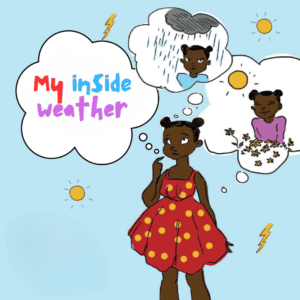 A colorful children’s book cover featuring soft pastel illustrations of a child surrounded by different weather symbols, representing emotions.