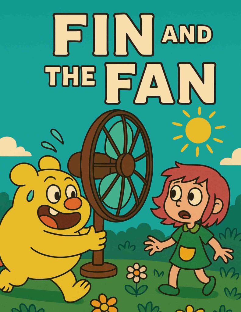 Fin the yellow rat sits with a fan, clearing fog to help his friend Sam see the sun again.